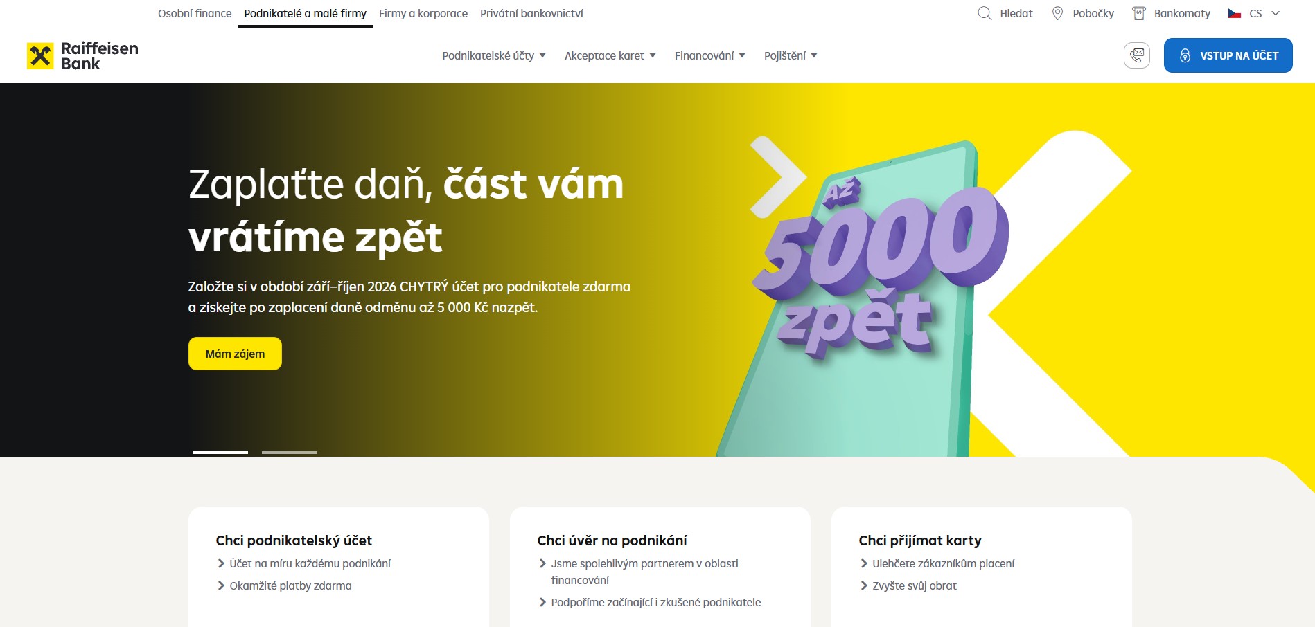 Podnikatelský účet od Raiffeisenbank: Jak získat cashback až 5 000 Kč ze zaplacených daní